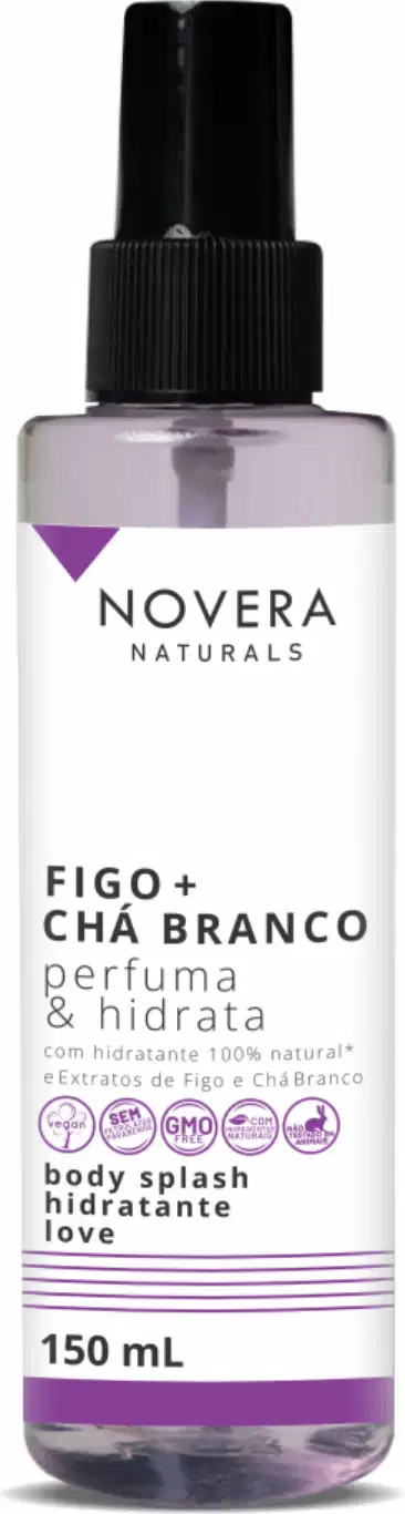 A imagem mostra o body splash Novera Naturals com fragrância Figo + Chá Branco. O frasco é de 150ml, transparente, permitindo ver o líquido lilás claro dentro. Há também logos indicando que é vegano, natural e não testado em animais.
