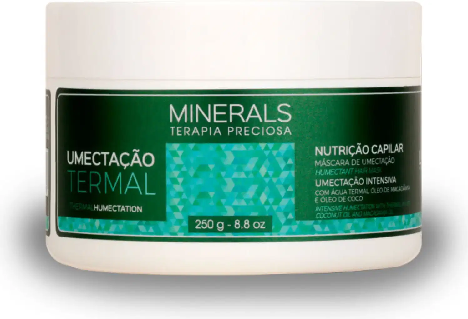 A imagem traz a máscara de tratamento da linha Minerals Terapia Preciosa Umectação Capilar. O produto vem em um pote de 250g feito de plástico branco com rótulo verde, e promete umectação intensiva aos fios.