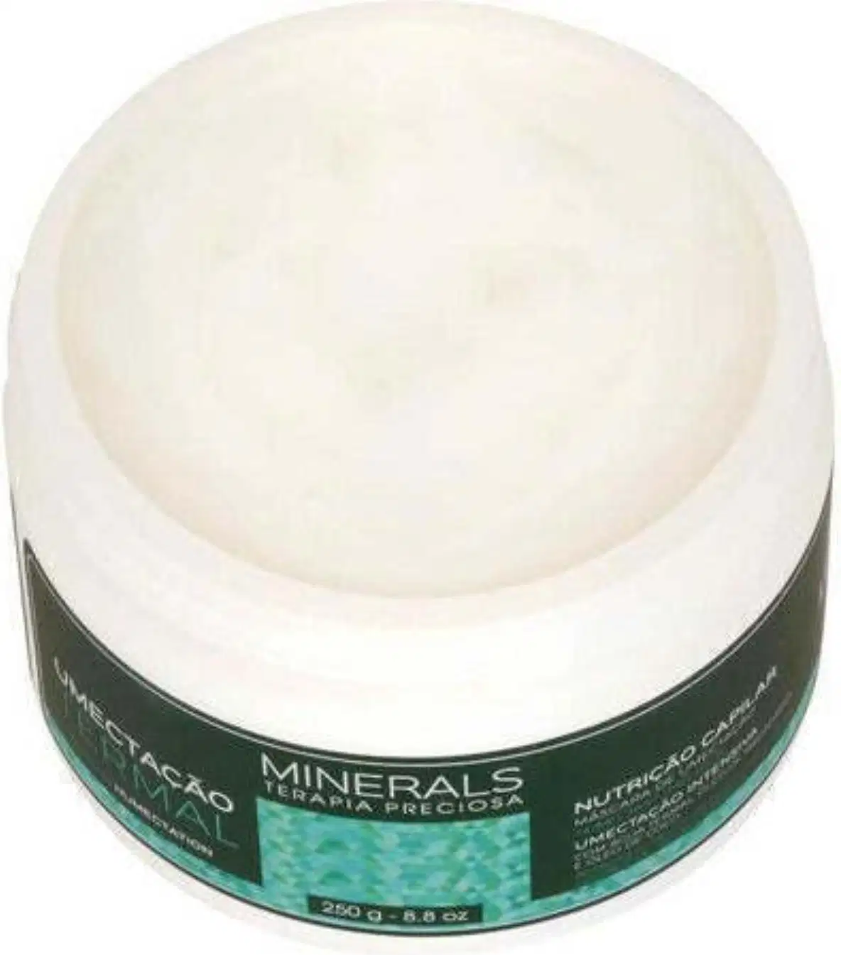 A imagem traz a máscara de tratamento da linha Minerals Terapia Preciosa Umectação Termal com o pode aberto onde é possível ver o conteúdo branco cremoso dentro.