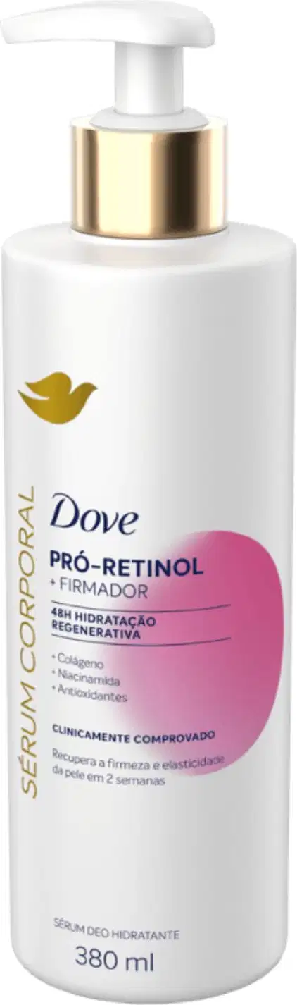 A imagem mostra o Sérum Hidratante Corporal Pró-Retinol + Firmador da marca Dove.