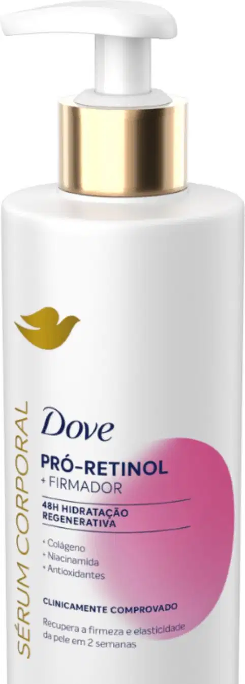 A imagem mostra o Sérum Hidratante Corporal Pró-Retinol + Firmador da marca Dove.