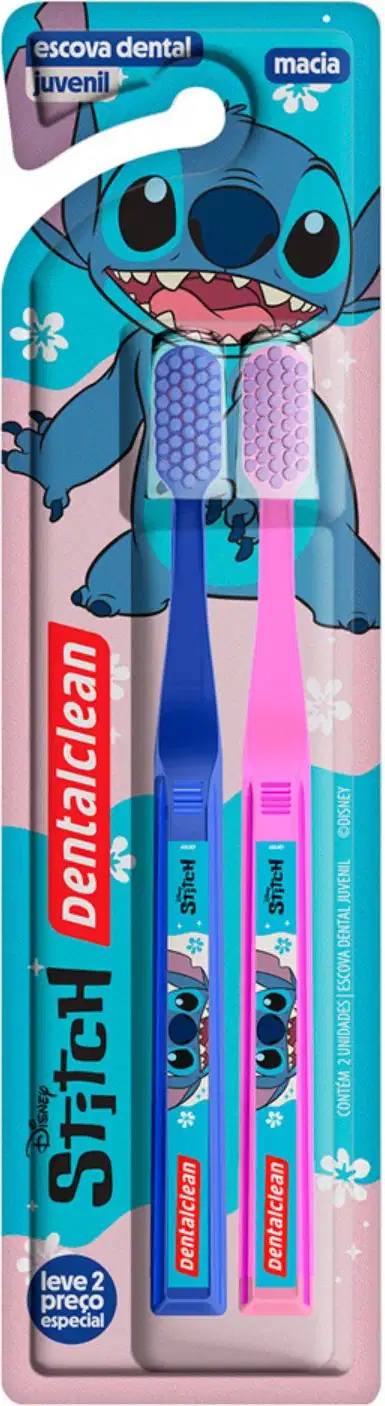 Este é um conjunto de duas escovas dentais infantis da marca Dentalclean. As escovas têm cabos plásticos, uma azul e outra rosa. Traz a ilustração do Stitch um personagem da Disney azul sorridente.