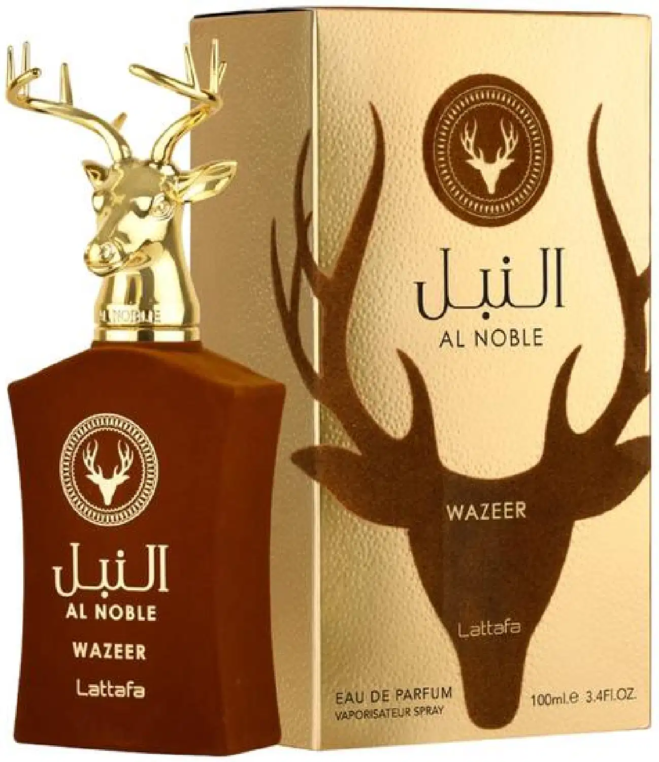 Perfume de luxo da marca Lattafa Perfumes, com frasco dourado em formato de veado e caixa bege com detalhes em marrom, exibindo o nome "Al Noble" e "Wazeer" em árabe e inglês.
