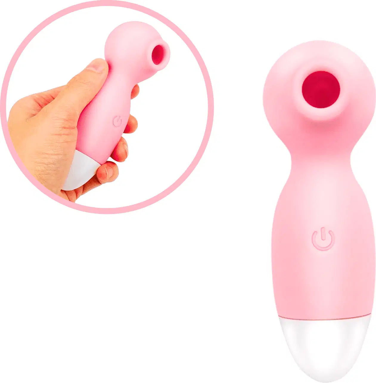 Vibrador rosa com botão liga/desliga, embalagem compacta e design ergonômico para uso discreto e confortável.