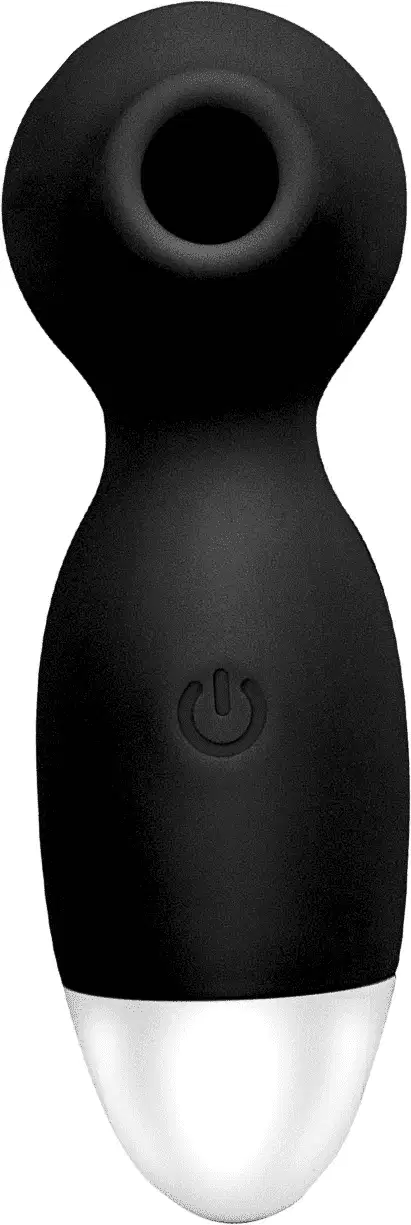Sugador de clitóris com formato ergonômico e botão liga/desliga visível. Produto de design moderno e compacto para uso íntimo.