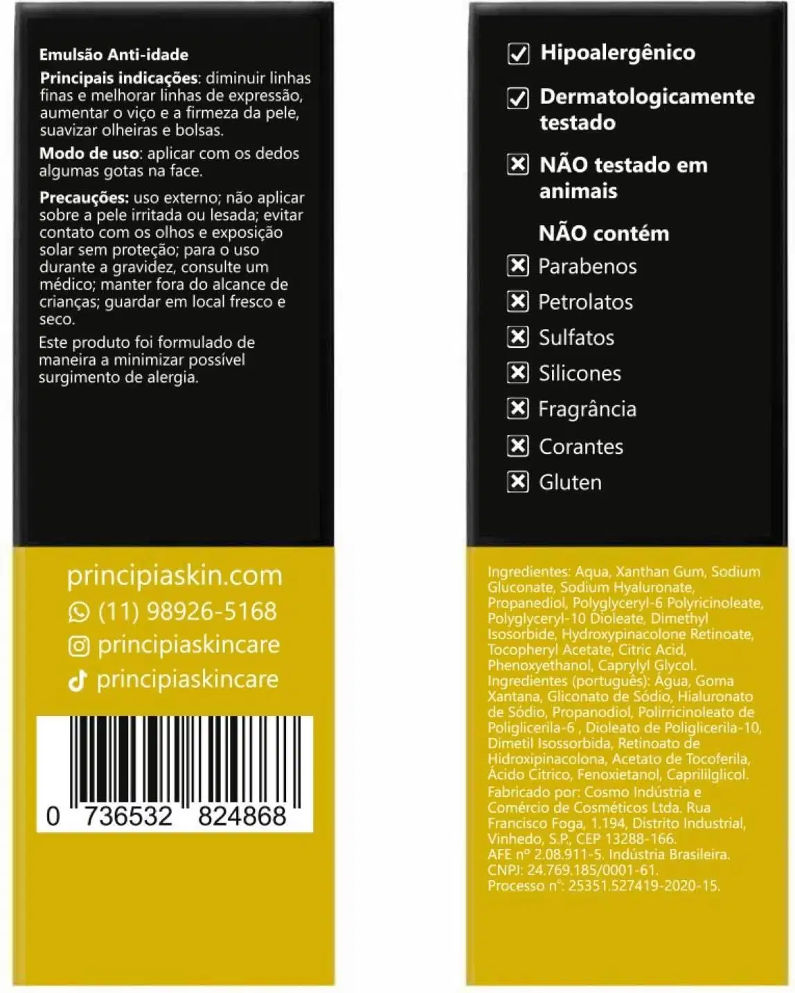 Emulsão facial Principia com 2% de retinóide granativo, em frasco de vidro âmbar com conta-gotas, rótulo preto e amarelo indicando pH 5,0-6,0 e volume de 30ml.