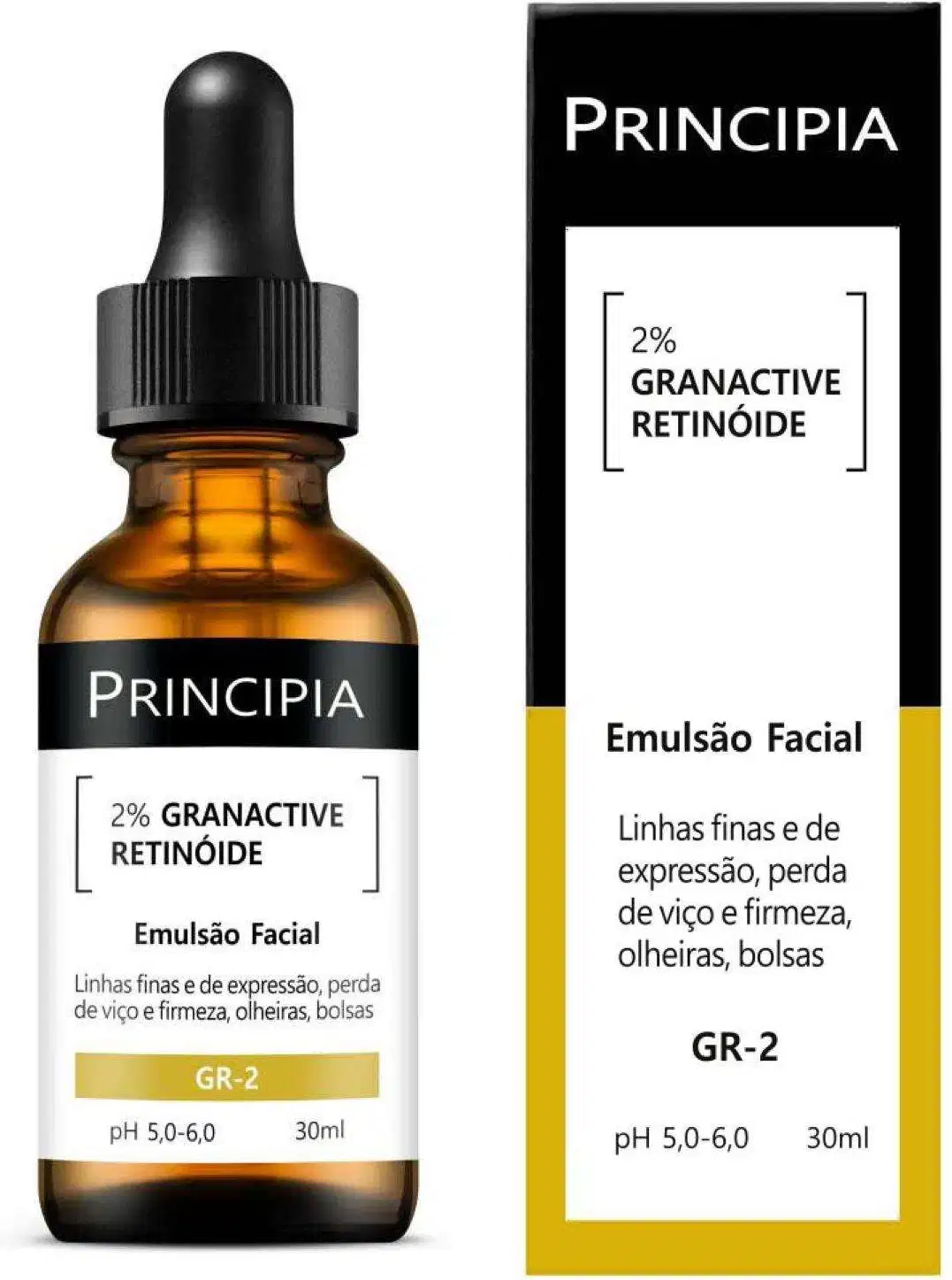 Emulsão facial Principia com 2% de retinóide granativo, em frasco de vidro âmbar com conta-gotas, rótulo preto e amarelo indicando pH 5,0-6,0 e volume de 30ml.