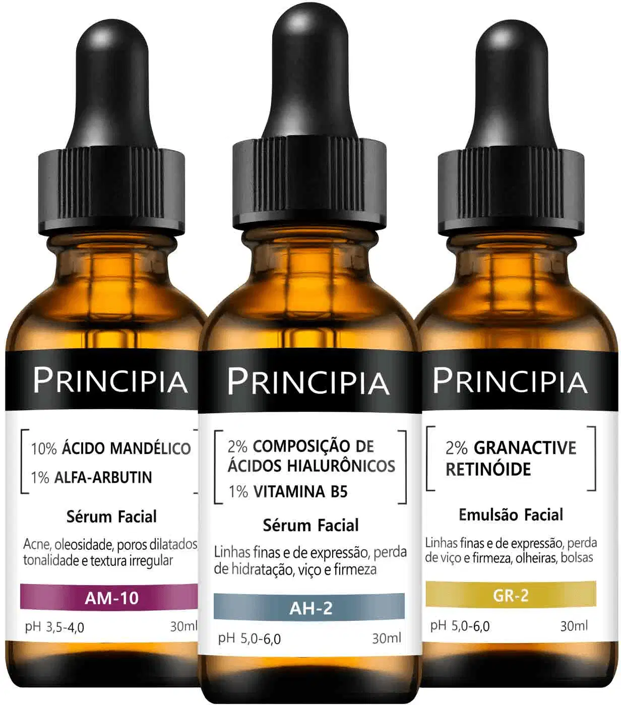 Três frascos de sérum facial da marca Principia, contendo diferentes formulações: AM-10 com ácido mandélico e alfa-arbutina, AH-2 com ácidos hialurônicos e vitamina B5, e GR-2 com retinóide granativo.