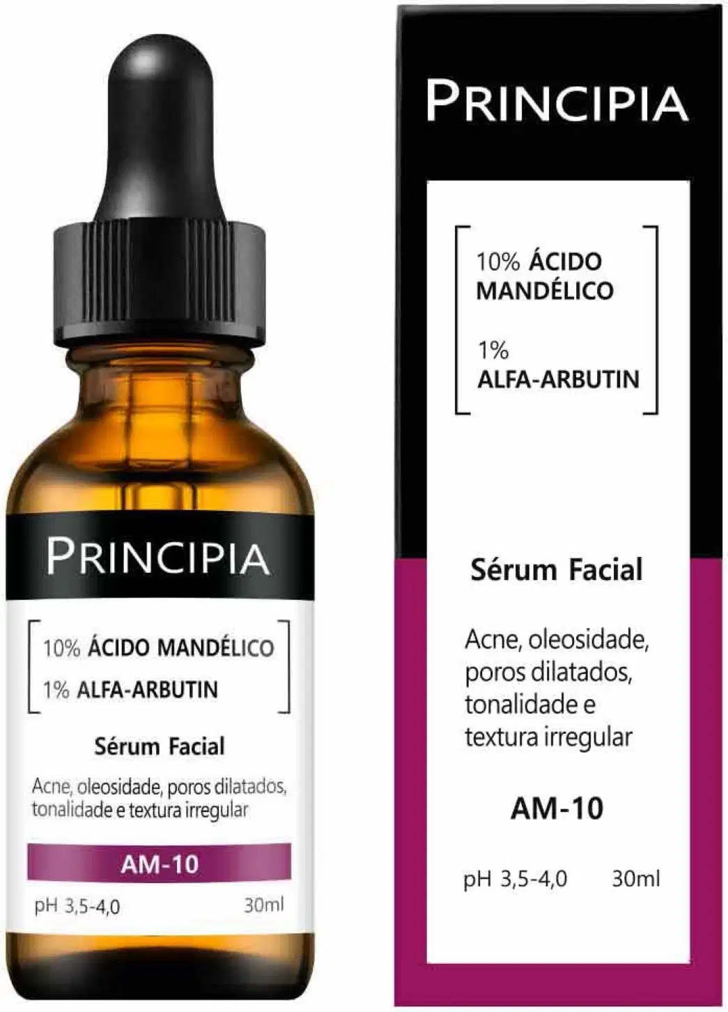 Frasco de vidro âmbar com conta-gotas preto contendo sérum facial da marca Principia, com rótulo indicando 10% de ácido mandélico e 1% de alfa-arbutina, para tratamento de acne, oleosidade e poros dilatados.