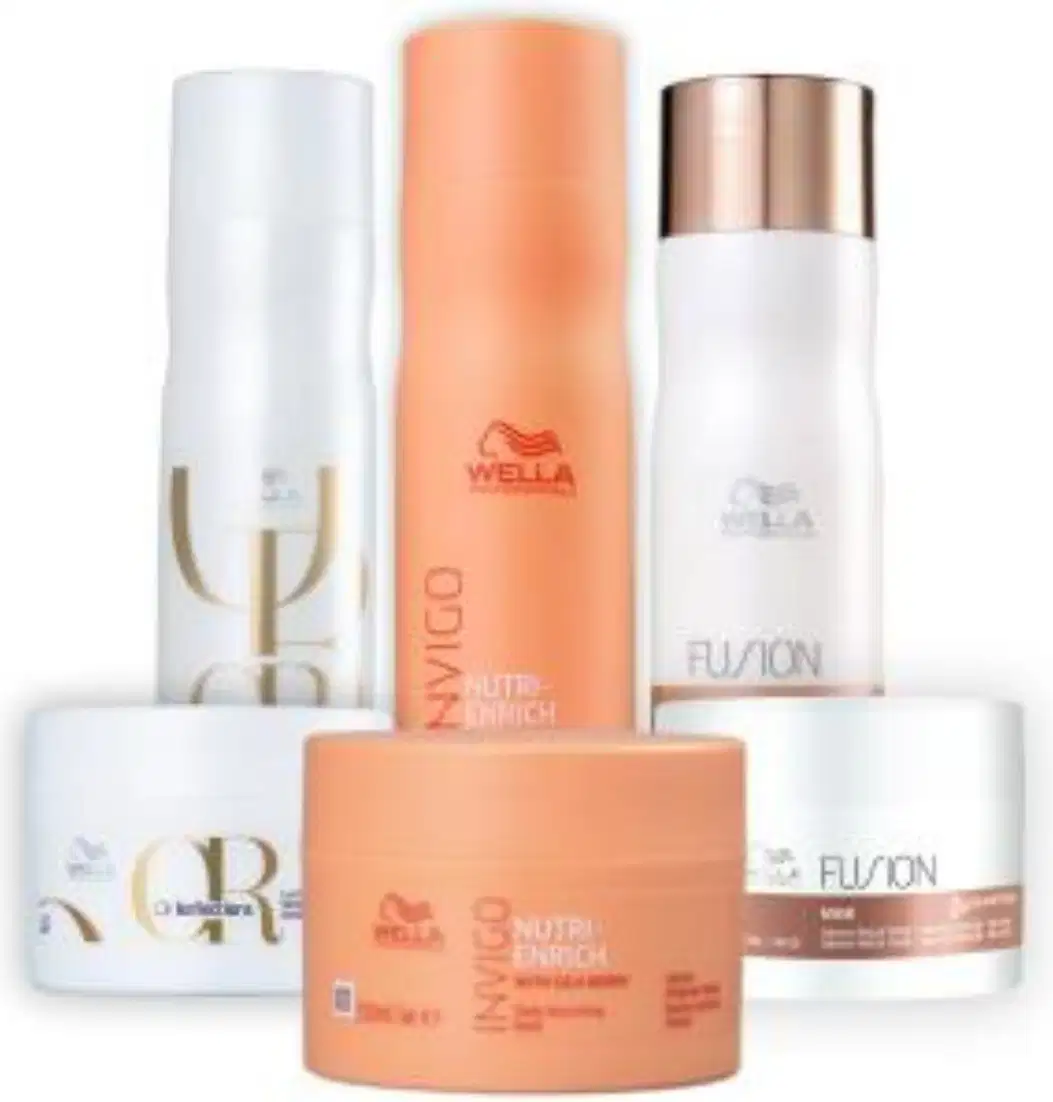 Produtos Wella Professionals: shampoos e máscaras Fusion, Nutri Enrich e Oil Reflections.