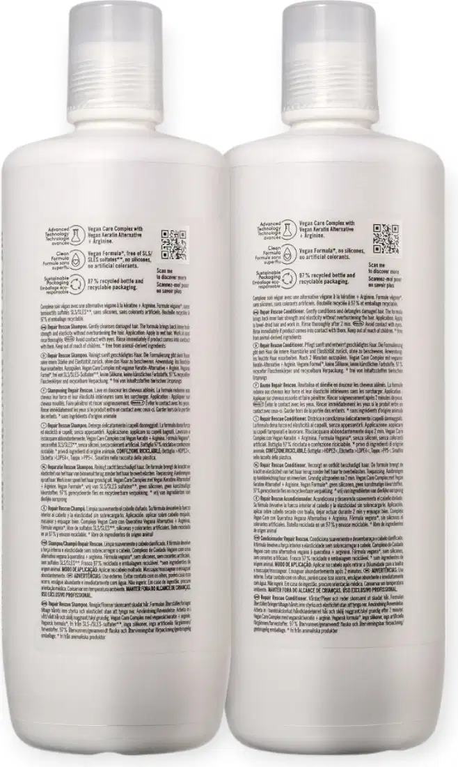 Dois frascos brancos de 1 litro da linha de produtos Schwarzkopf Professional, com rótulos detalhados e códigos de barras visíveis.
