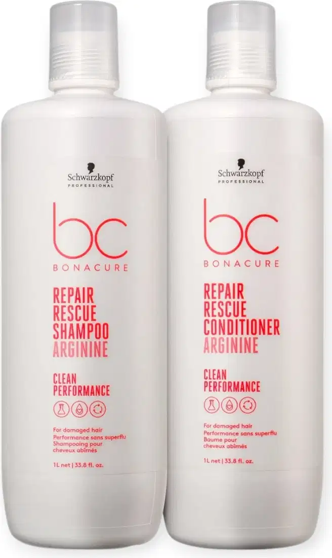 Dois frascos brancos da linha Bonacure da Schwarzkopf Professional, contendo o Shampoo Repair Rescue Arginine e o Condicionador Repair Rescue Arginine, ambos com rótulos vermelhos destacando o nome da linha e a função de reparação.
