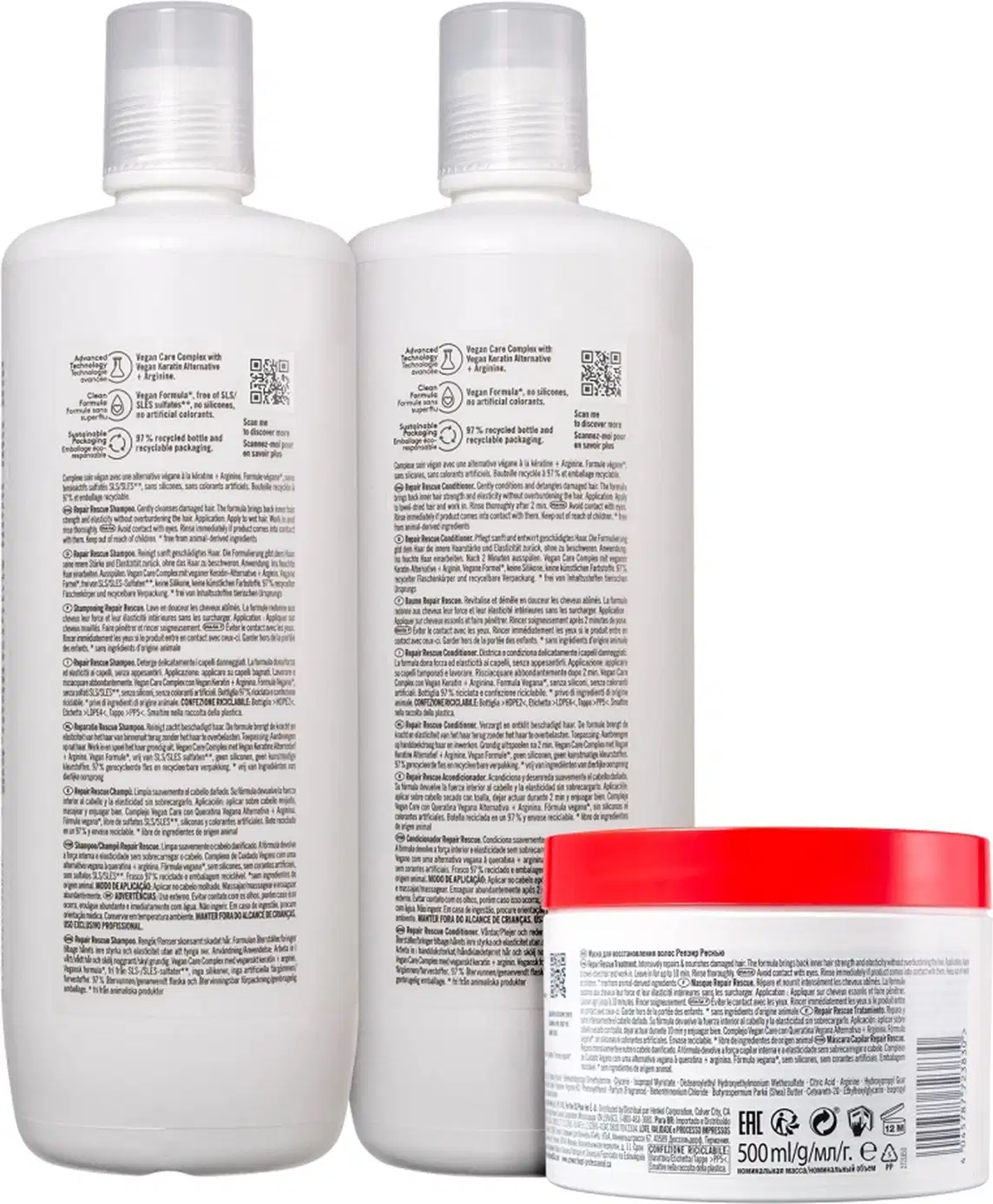 Dois frascos de condicionador Schwarzkopf Professional com rótulos brancos e detalhes em vermelho. Embalagem de 500 ml com informações sobre os ingredientes e instruções de uso.