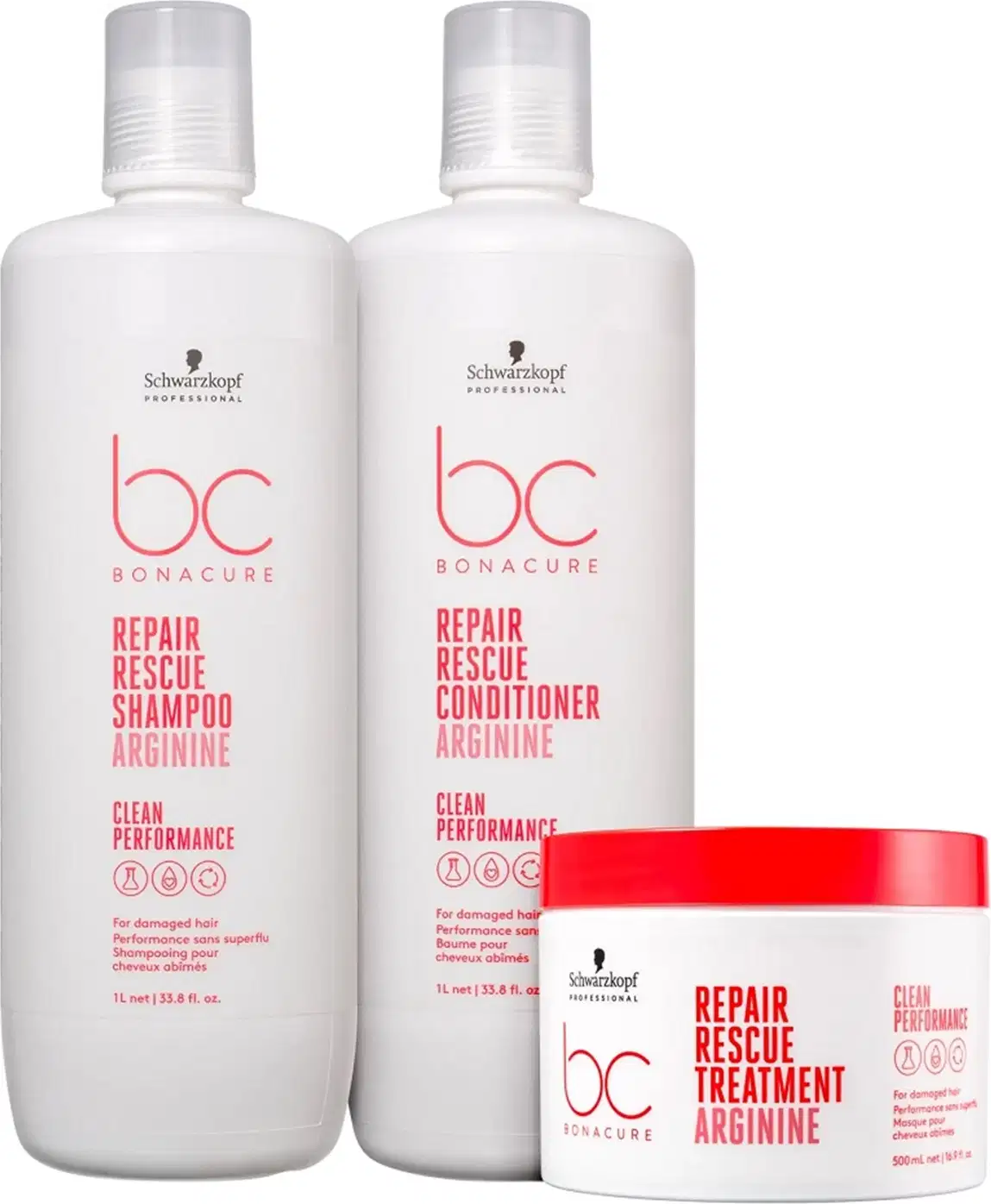 Conjunto de produtos Schwarzkopf Professional da linha Bonacure, incluindo shampoo, condicionador e tratamento para cabelos danificados, em embalagens brancas com detalhes em vermelho.