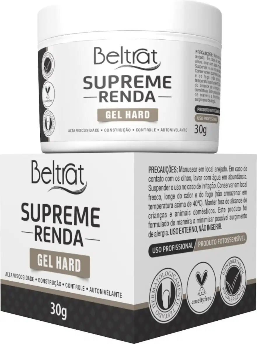 A imagem mostra o pote redondo e branco do produto, em cima da sua caixa. Ambos possuem mesmo design com detalhes em cor preta e bege.
