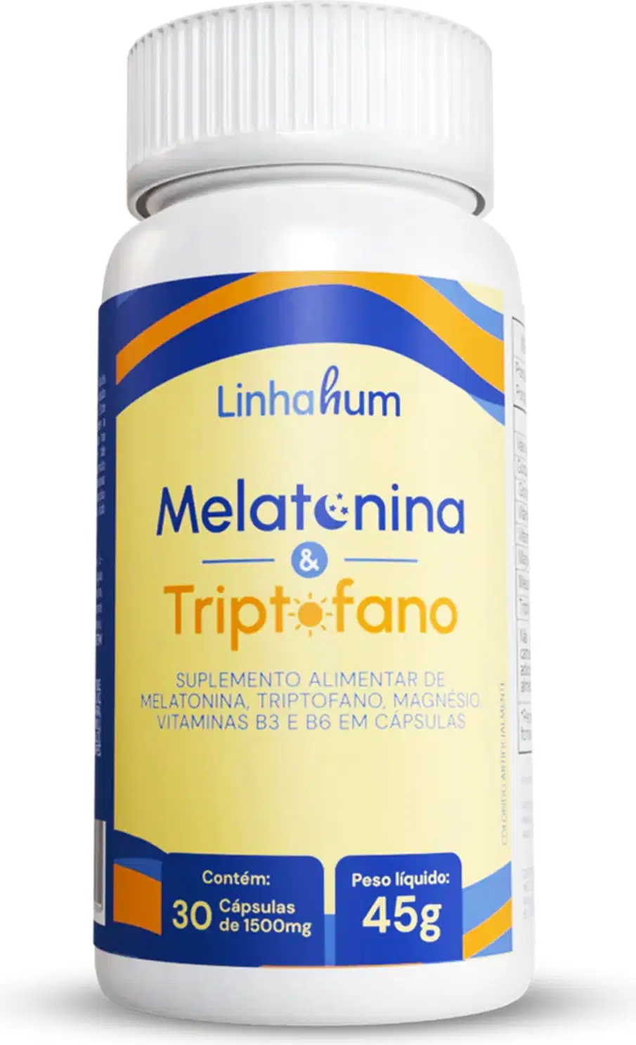 Suplemento alimentar Linhahum, chamado "Melatonina & Triptofano". A embalagem é um frasco branco com rótulo azul, amarelo e branco. Ele é um suplemento de melatonina, triptofano, magnésio, vitaminas B3 e B6, e que o frasco contém 30 cápsulas de 1500mg.