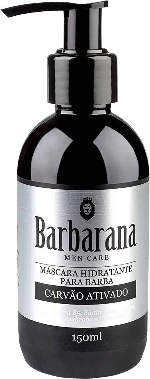 Máscara hidratante para barba da marca Barbarana. A embalagem é um frasco preto com um dispensador de bomba preta na parte superior.