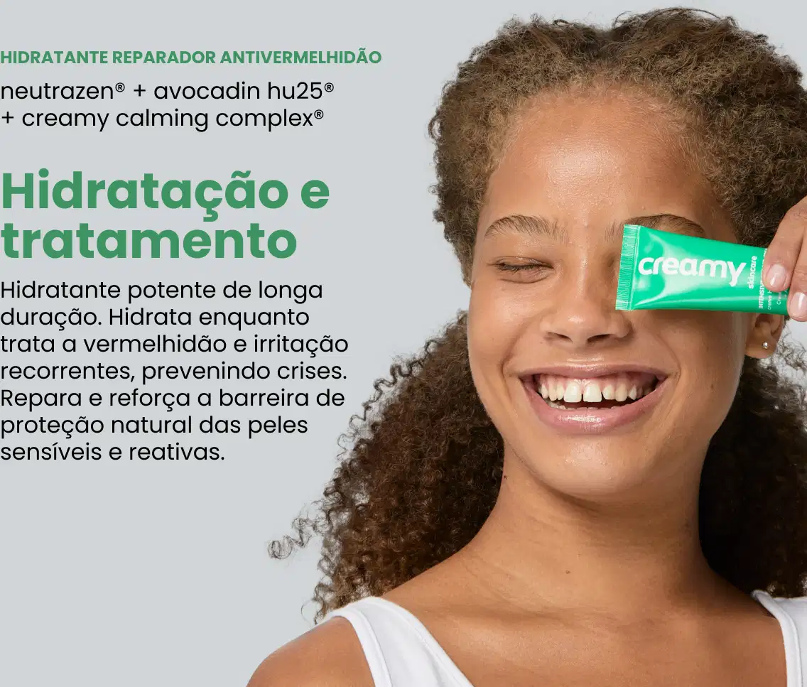 A imagem mostra o produto sendo segurado por uma mulher próximo ao rosto, com informações sobre ação dele na pele.