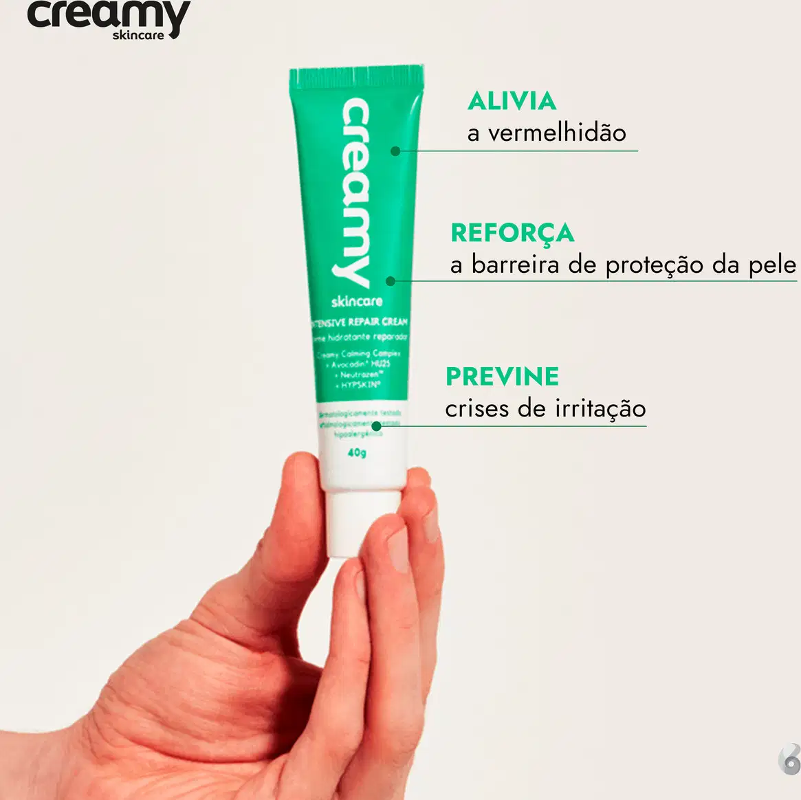 A imagem mostra o produto e informações de ações dele na pele.