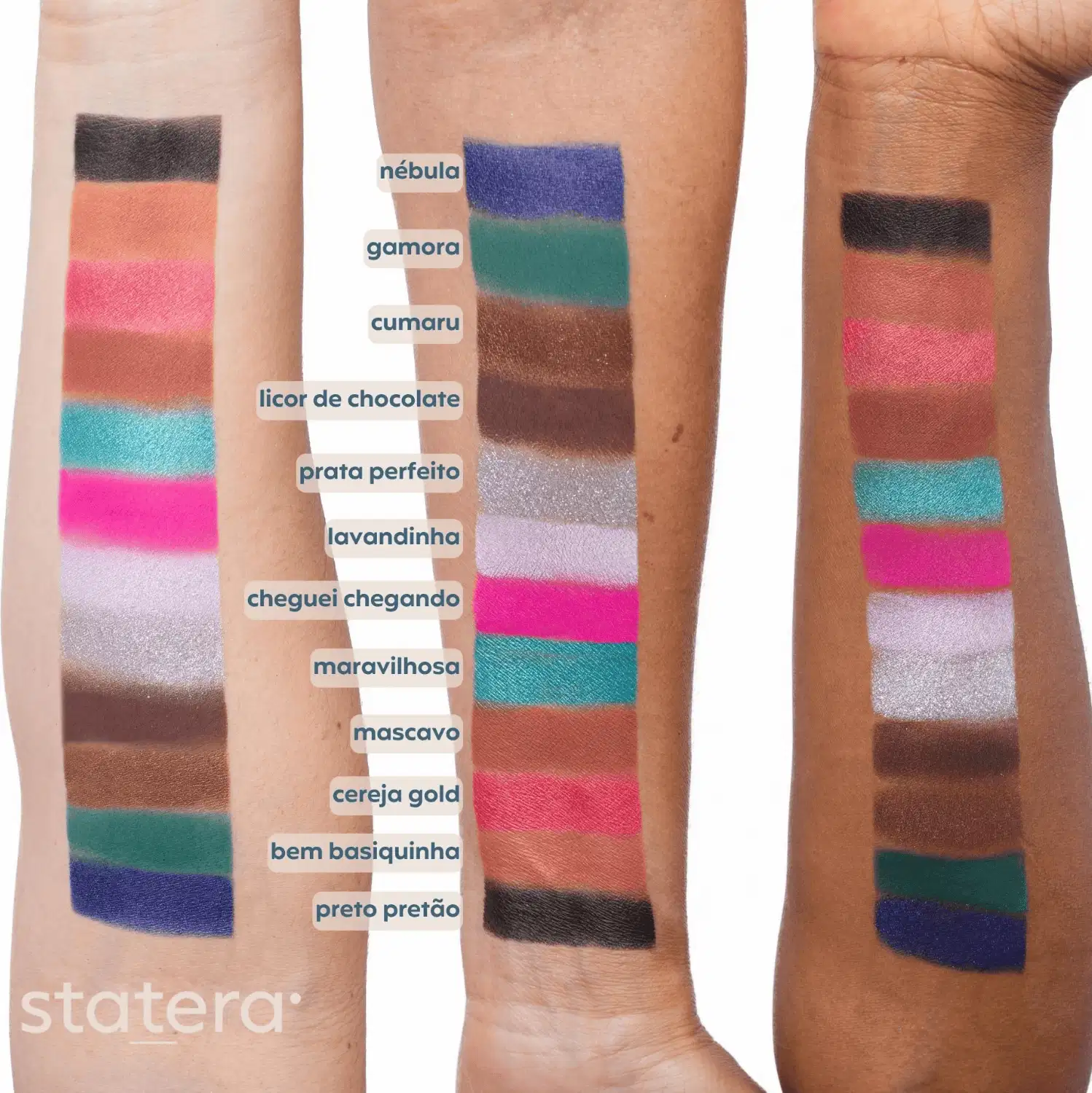 A imagem mostra uma série de amostras de cores e acabamentos das sombras Statera. Cada amostra possui um rótulo com o nome do produto, como "nebula", "gamora", "licor de chocolate" e outros