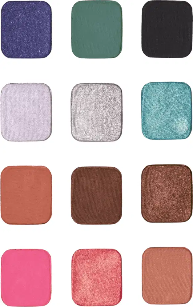 A imagem mostra 12vcores das sombras Statera, em diferentes tonalidades, incluindo roxo, verde, preto, rosa, cinza, azul-turquesa, laranja, marrom e bege. .