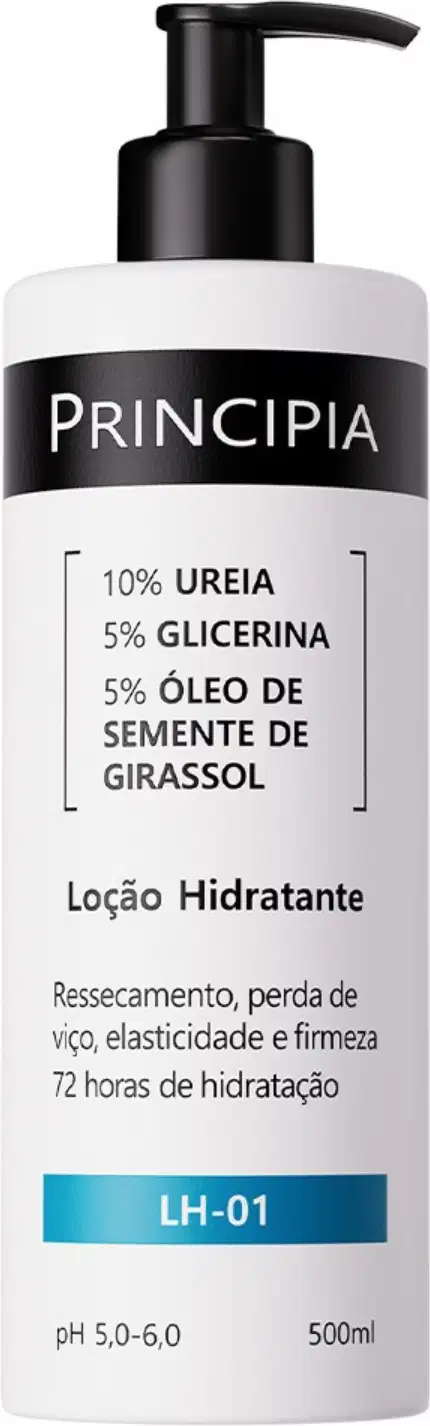 Frasco branco com bomba preta da linha Principia, contendo loção hidratante com 10% de ureia, 5% de glicerina e 5% de óleo de semente de girassol. Rótulo preto e branco com informações sobre os ingredientes e benefícios do produto.