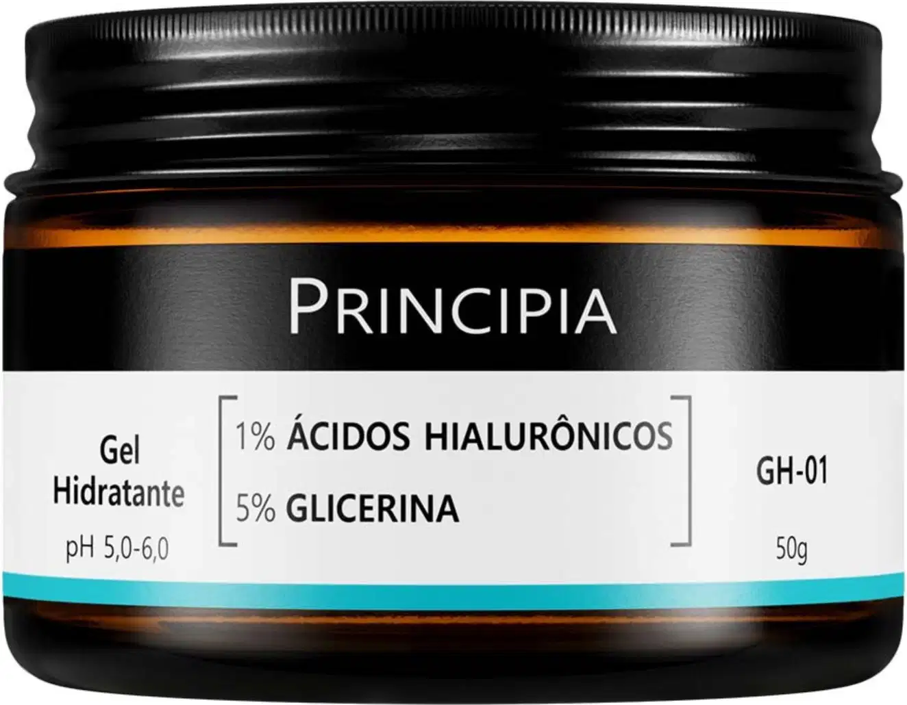 Frasco de gel hidratante da marca Principia, contendo 1% de ácidos hialurônicos e 5% de glicerina. Embalagem preta com rótulo branco destacando as principais informações do produto.
