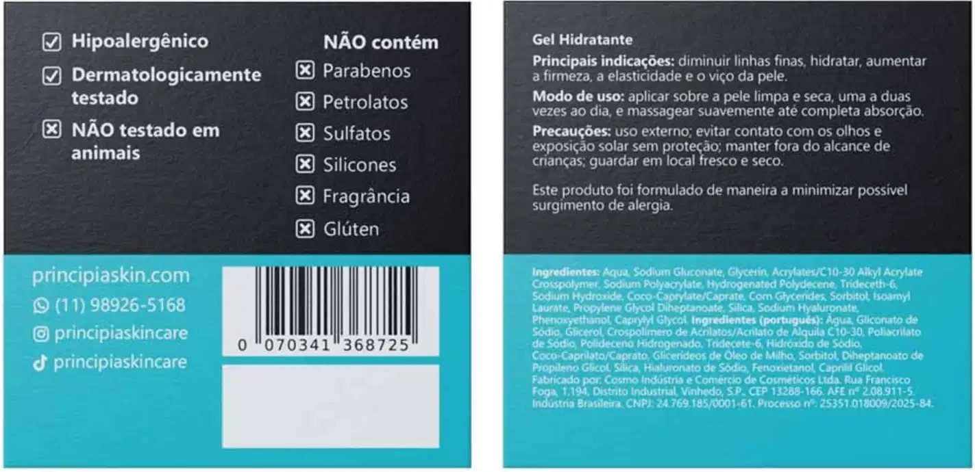 Gel hidratante em embalagem preta e azul, com informações sobre ingredientes, modo de uso e precauções. O produto é descrito como hipoalergênico, dermatologicamente testado e sem parabenos, petrolatos, sulfatos, silicones ou fragrância.