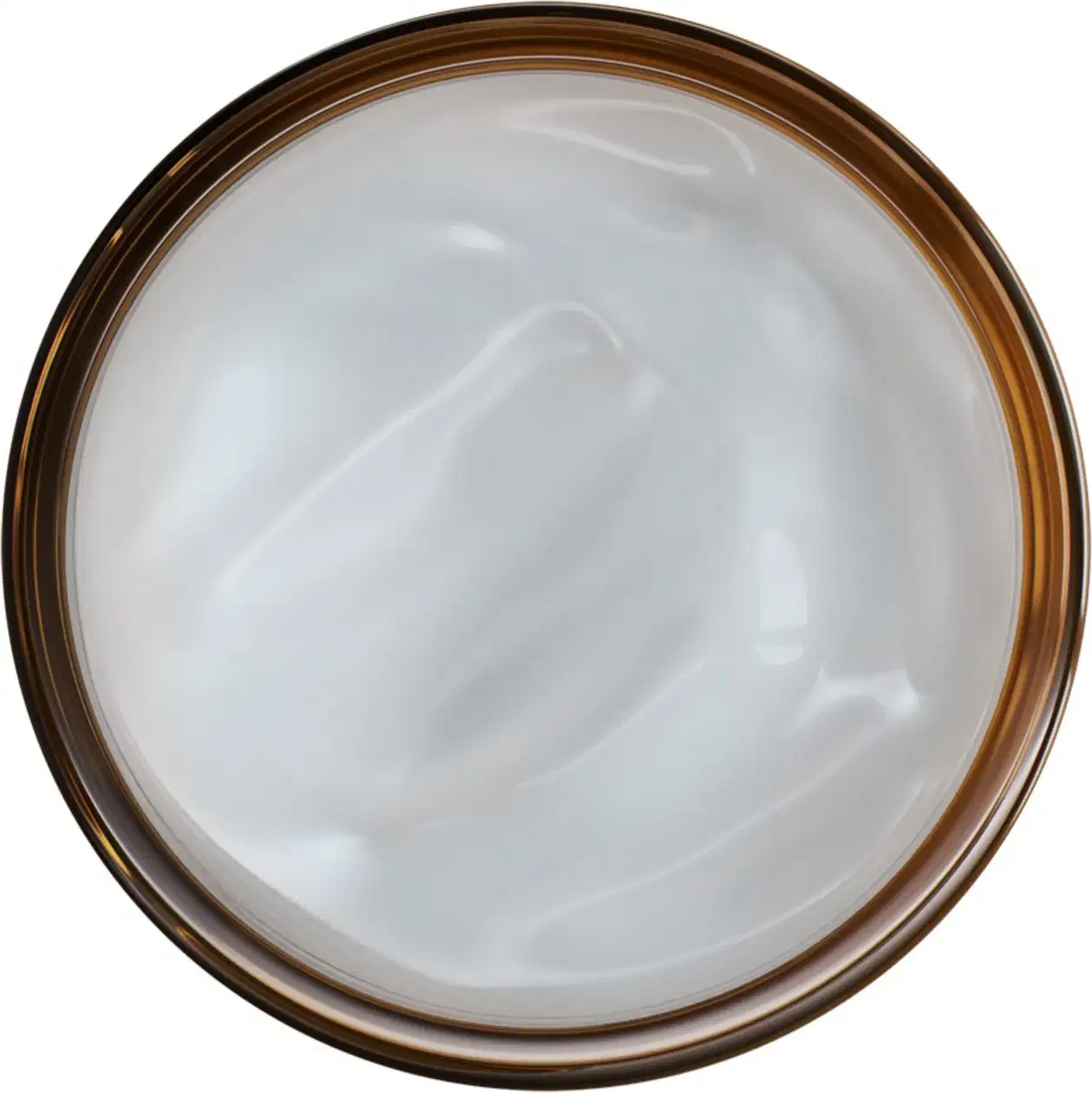 Frasco de creme facial em formato circular, contendo um produto branco e cremoso em seu interior.