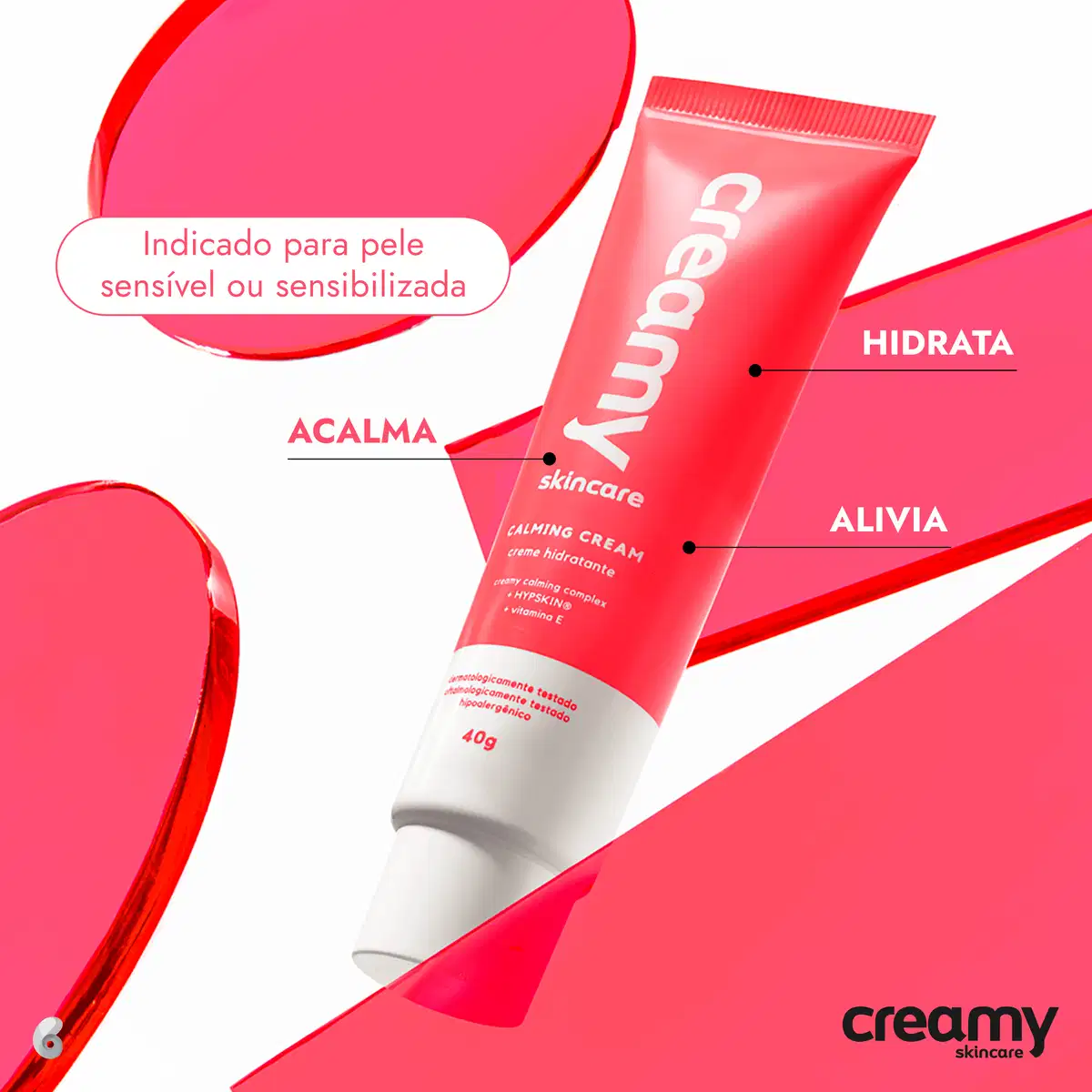 A imagem mostra o produto e informações de ações dele na pele.