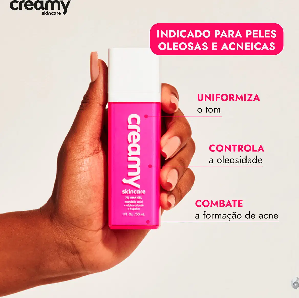 A imagem mostra o gel segundo segurado por uma mão e informações de ações dele na pele.