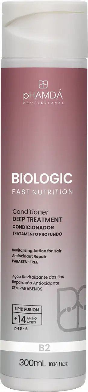 Frasco de condicionador da linha Biologic Fast Nutrition da marca pHAMDÁ Professional, com embalagem rosa e branca, contendo 300 mL do produto.