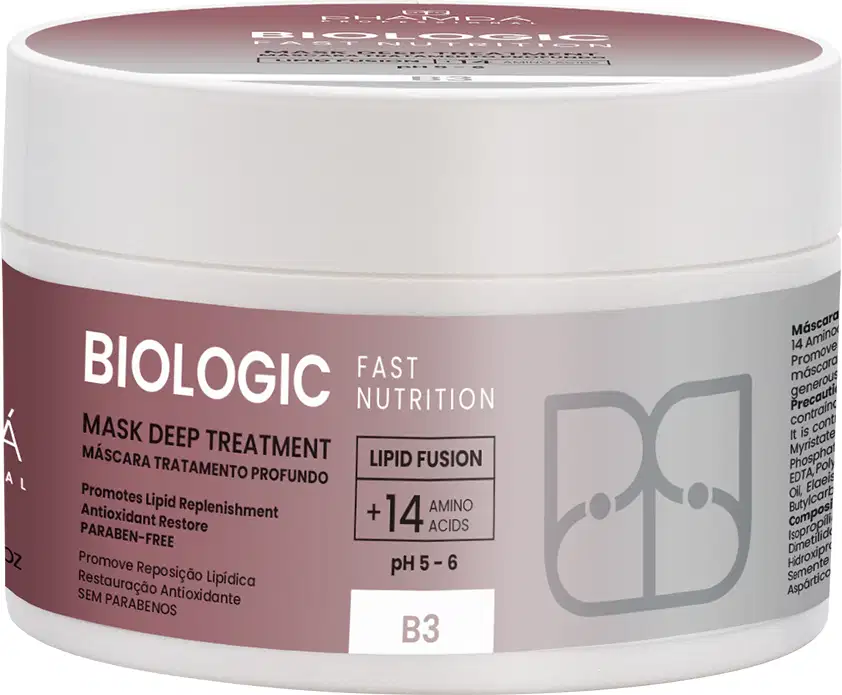 Embalagem branca e rosa de máscara capilar da linha Biologic, com rótulo indicando "Fast Nutrition" e "Lipid Fusion + 14 Amino Acids", pH entre 5-6.