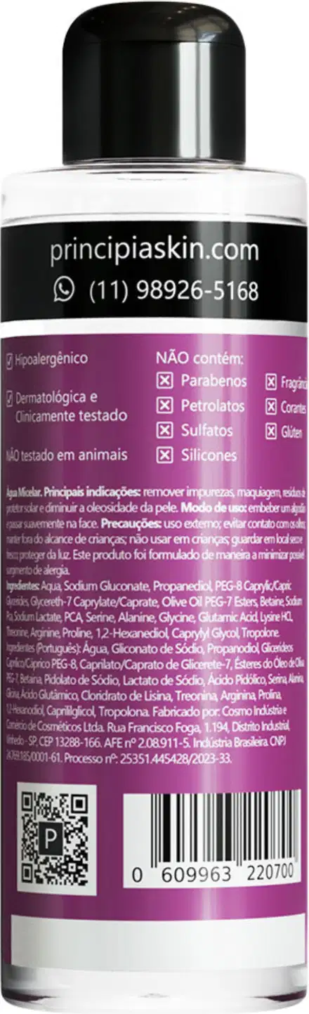 Frasco de água micelar da marca Principia, com rótulo preto e branco. Contém 4,5% de tensoativos não iônicos e 1% de ésteres de óleo de oliva. Indicado para impurezas, oleosidade, maquiagem e resíduos de protetor solar.