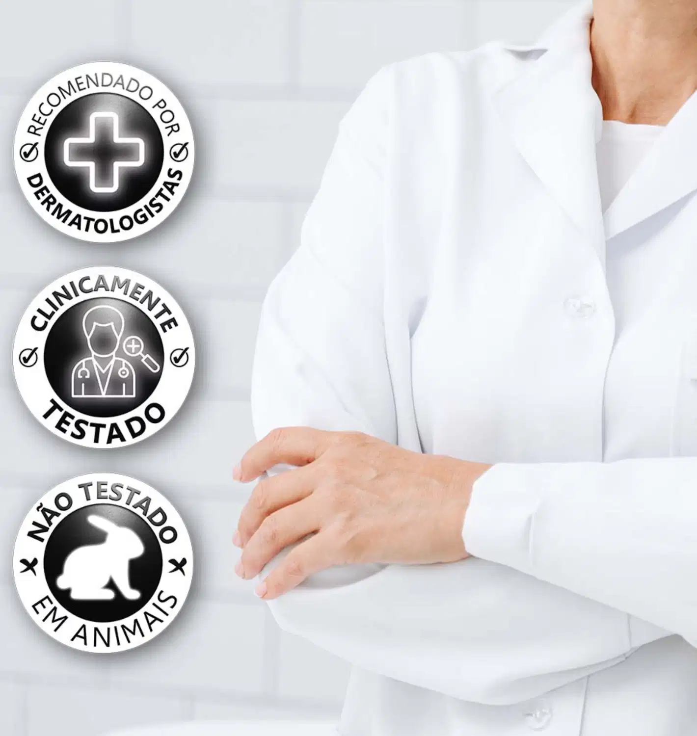 O ambiente apresenta uma clínica médica ou dermatológica, com símbolos e selos que indicam a recomendação e testagem clínica do produto.