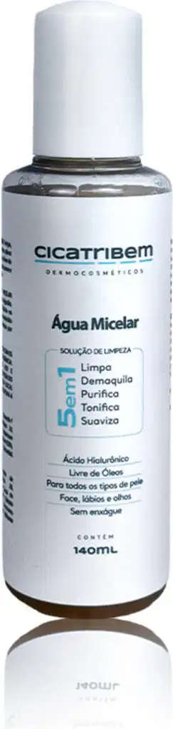Frasco branco de 140 mL contendo Água Micelar da marca Cicatribem, um produto de limpeza, demaquilante e tonificante para o rosto, lábios e olhos.