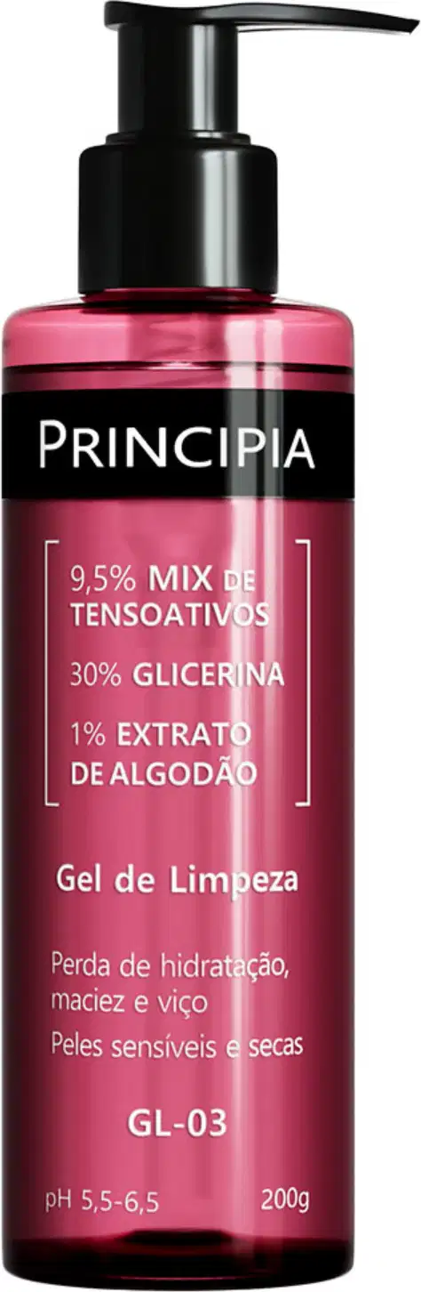 Frasco de produto de beleza da marca Principia, com embalagem rosa e preta, contendo informações sobre o produto e seus ingredientes. O frasco possui um rótulo com o site e contato da empresa.