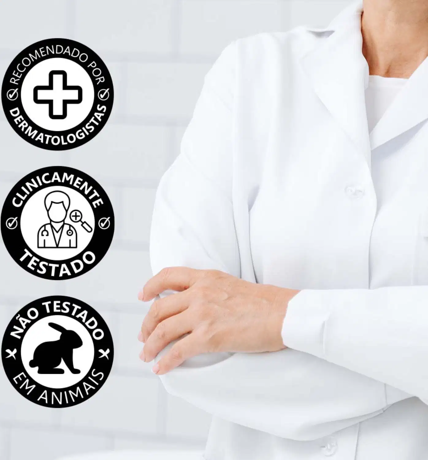 A imagem mostra diversos selos e rótulos relacionados a produtos de saúde e bem-estar, incluindo um selo de recomendação por dermatologistas, um selo de clínica testada e um selo de não testado em animais.