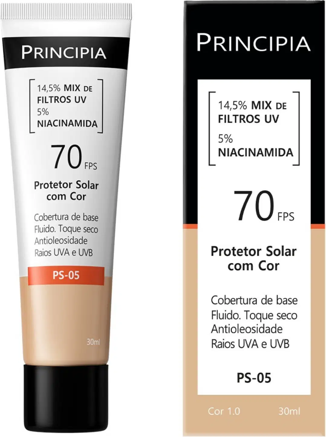 Protetor solar da marca Principia, com FPS 70, contendo 14,5% de mix de filtros UV e 5% de niacinamida. Embalagem em tubo plástico branco e preto, com informações sobre o produto impressas.