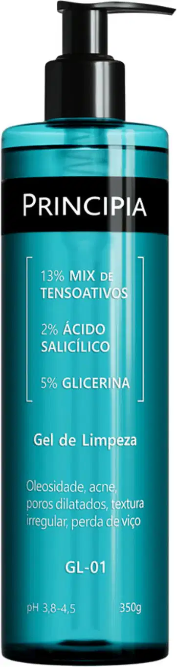 Gel de limpeza Principia em embalagem preta e azul com informações sobre sua composição, incluindo 13% de mix de tensoativos, 2% de ácido salicílico e 5% de glicerina, para tratar oleosidade, acne e poros dilatados.