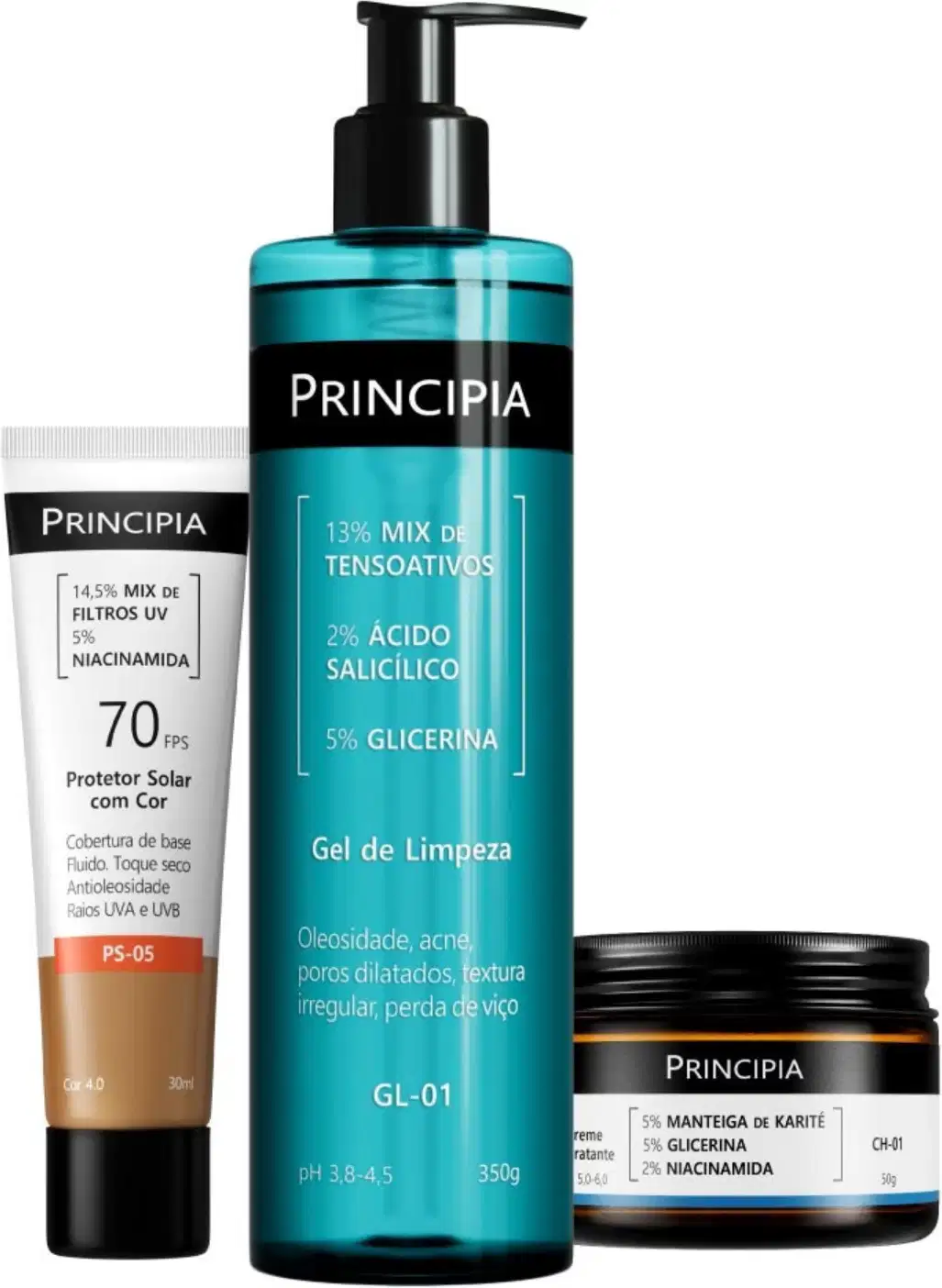 Produtos de beleza da marca Principia: protetor solar com FPS 70, gel de limpeza com tensoativos e ácido salicílico, e creme hidratante com manteiga de karité e glicerina.