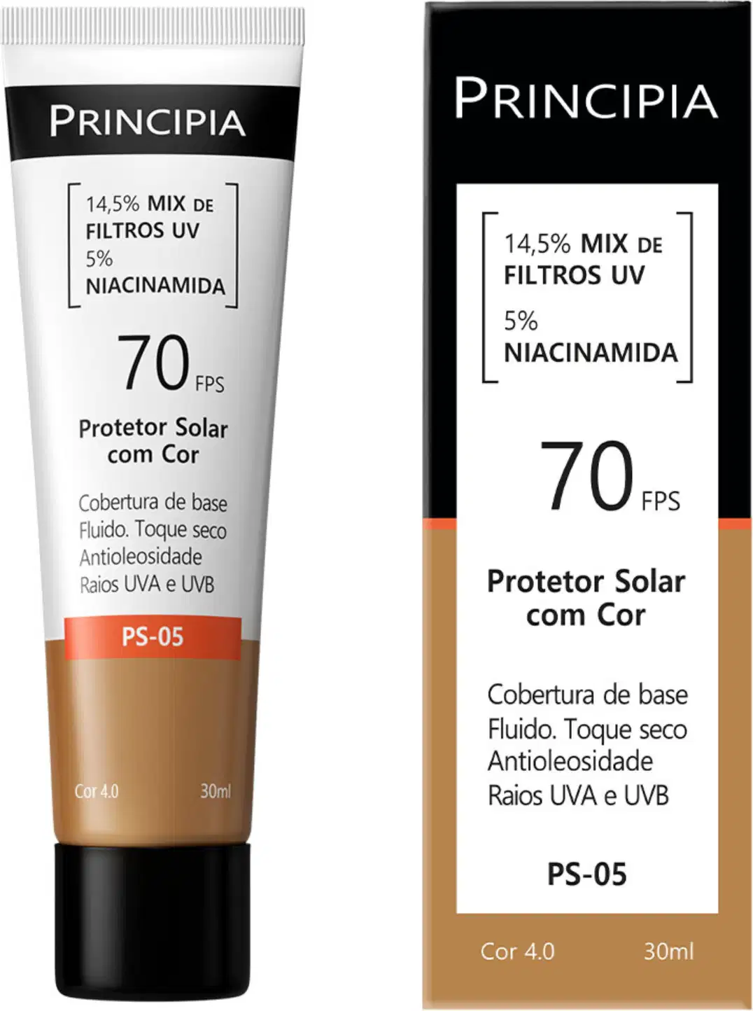 Protetor solar da marca Principia, com FPS 70, contendo 14,5% de mix de filtros UV e 5% de niacinamida. Embalagem em tubo plástico branco e preto, com informações sobre o produto impressas.