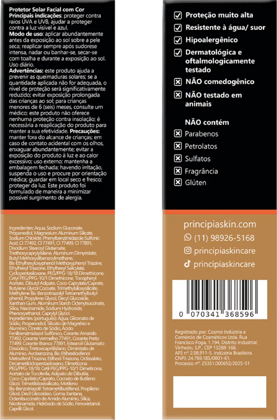 Protetor solar da marca Principia, com FPS 70, contendo 14,5% de mix de filtros UV e 5% de niacinamida. Embalagem em tubo plástico branco e preto, com informações sobre o produto impressas.