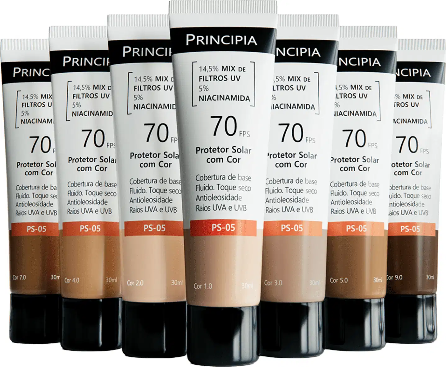 Protetor solar da marca Principia, com FPS 70, contendo 14,5% de mix de filtros UV e 5% de niacinamida. Embalagem em tubo plástico branco e preto, com informações sobre o produto impressas.
