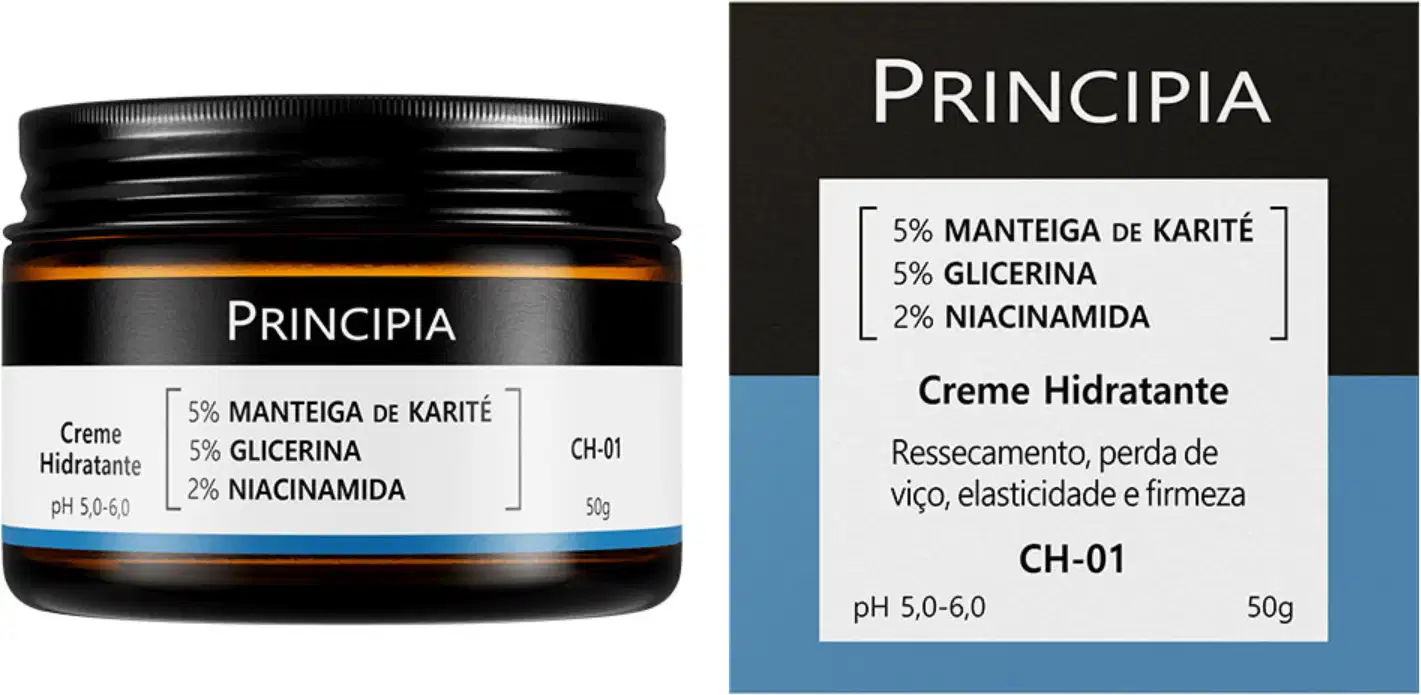 Creme hidratante Principia em embalagem preta com rótulo destacando os ingredientes: 5% manteiga de karité, 5% glicerina e 2% niacinamida. O produto é apresentado em pote de 50g com pH entre 5,0-6,0.
