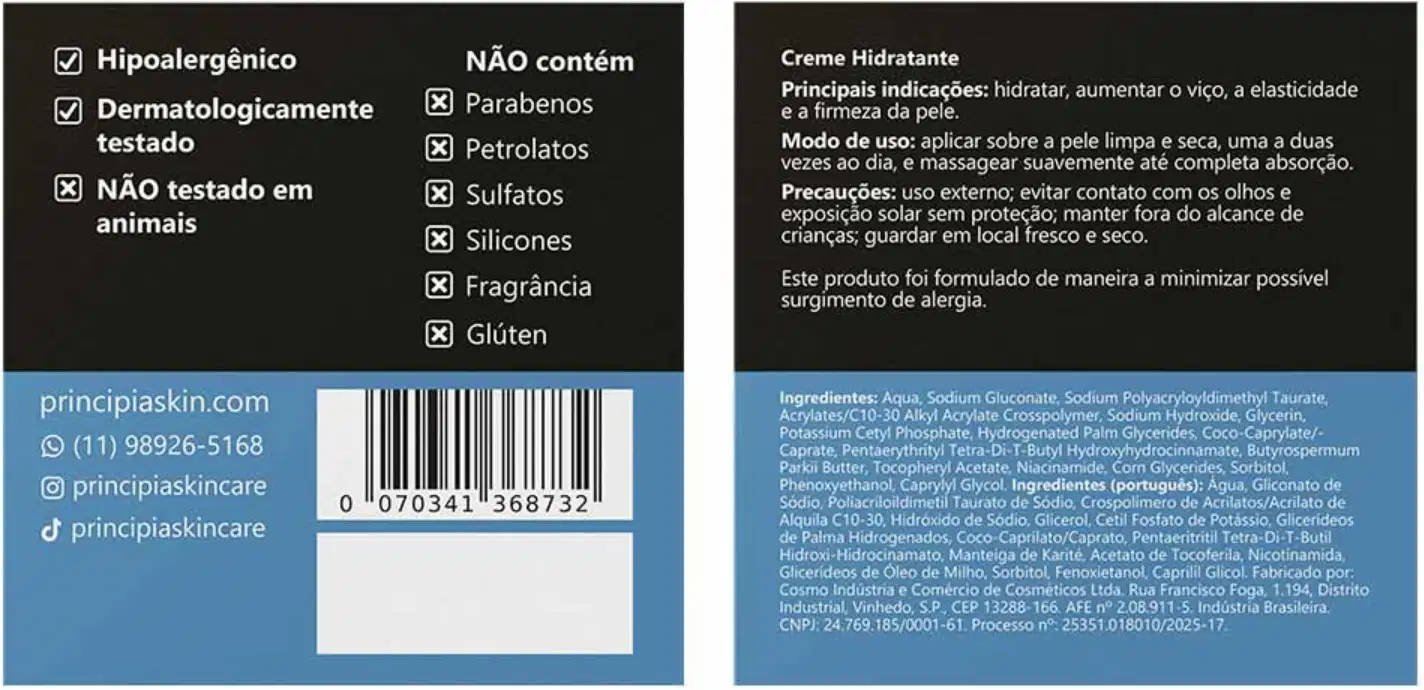 Creme hidratante Principia em embalagem preta com rótulo destacando os ingredientes: 5% manteiga de karité, 5% glicerina e 2% niacinamida. O produto é apresentado em pote de 50g com pH entre 5,0-6,0.