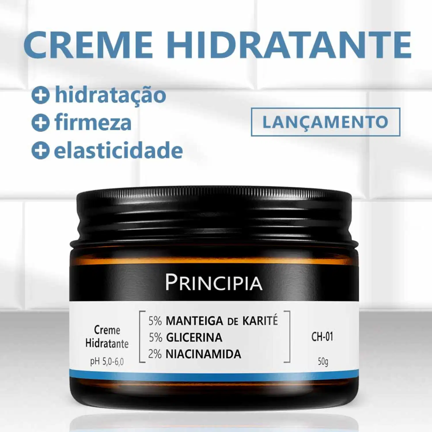 Creme hidratante Principia em embalagem preta com rótulo destacando os ingredientes: 5% manteiga de karité, 5% glicerina e 2% niacinamida. O produto é apresentado em pote de 50g com pH entre 5,0-6,0.