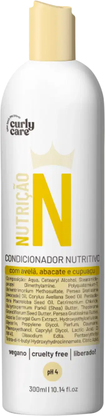 Condicionador nutritivo Curly Care N em embalagem plástica branca de 300ml. A embalagem tem detalhes em amarelo e uma coroa estilizada. O rótulo indica que é um condicionador vegano, livre de crueldade e com pH 4.