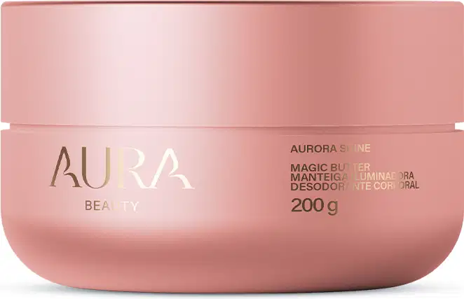 Pote rosa de 200g da linha Aura Beauty, contendo a descrição "Magic Butter Moisturizing Cream" em sua embalagem. O produto apresenta um design minimalista e elegante, com a marca Aura Beauty destacada em letras douradas.