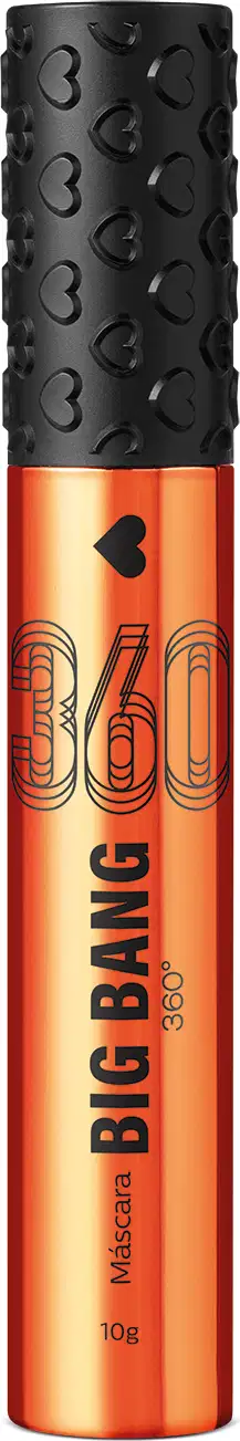 Frasco laranja de máscara de cílios Big Bang fechado em formato cilíndrico e pequeno, com uma tampa preta e texto em preto no corpo da embalagem.